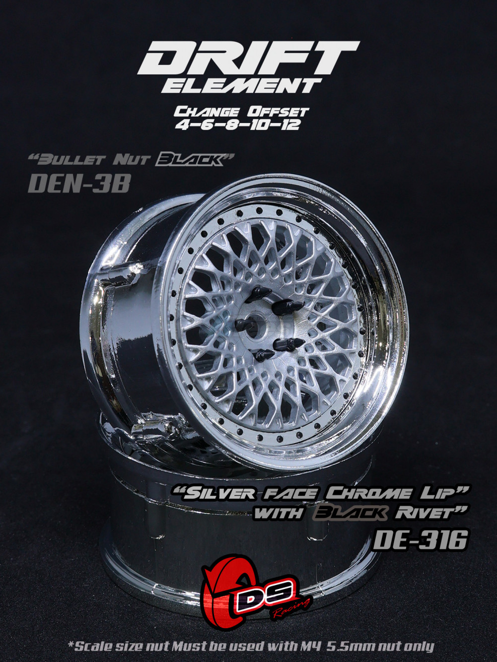 DS Racing Miscellaneous All Drift Element Wheel - Mesh (Silver Face /Chrome Lip /Black Rivets)