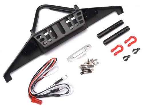 Team Raffee Co. Axial SCX10 II Steel Stinger Front Bumper with Towing Hooks Winch Mount Shackles & LED Light Set Black