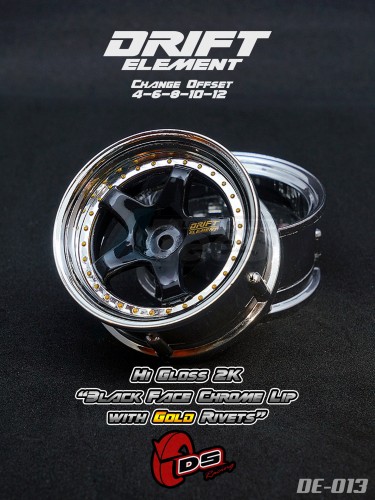 DS Racing Miscellaneous All Drift Element Wheel - Adj. Offset (2) / Hi Gloss 2K Black Face Chrome Lip w/ Gold Rivets