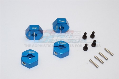 GPM Racing Axial EXO Aluminum Hex Adapters -4pcs Diameter: 14mm Thickness 9mm Use 2mm Pins Blue