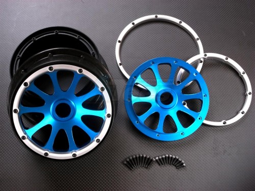 GPM Racing Team Losi 5IVE-T Nylon Rear Rims Frame With Aluminum 5 Star Beadlock - 1pr Set Blue