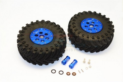 GPM Racing Axial SCX10 II 2.2 Inch Rubber Tires With Aluminium Beadlock Weighted Wheels & 25MM Hex Adapters - 1Pair Set Blue