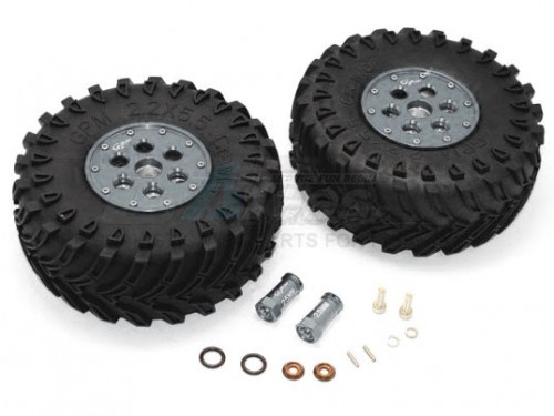 GPM Racing Axial SCX10 II 2.2 Inch Rubber Tires With Aluminium Beadlock Weighted Wheels & 25MM Hex Adapters - 1Pair Set Gun Metal
