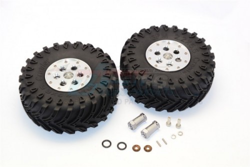 GPM Racing Axial SCX10 II 2.2 Inch Rubber Tires With Aluminium Beadlock Weighted Wheels & 25MM Hex Adapters - 1Pair Set Silver