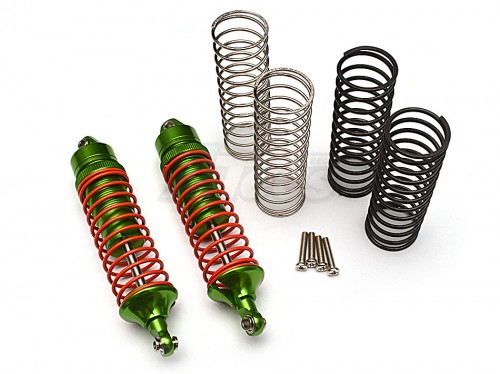 GPM Racing Traxxas Rustler VXL Aluminum Rear Adjustable Spring Damper With Aluminum Ball Top & Ball Ends - 1pr Set (1.3mm, 1.5mm, 1.7mm Coil Spring & 4mm Thick Shaft) Green
