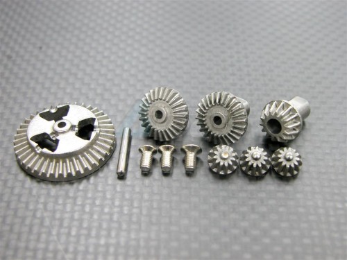 GPM Racing Kyosho Mini Inferno ST Hard Steel Gear Set For Front/Rear Differential Assembly With Pin & Screws - 7 Pcs Set Silver