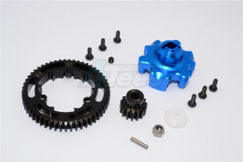 GPM Racing Traxxas XMAXX Aluminium Gear Adapter+Steel Spur Gear 53T+Motor Gear 15T - 1Set Blue