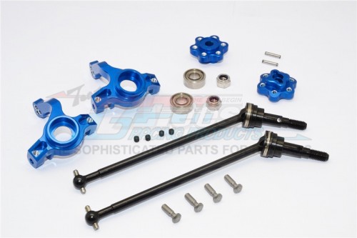 GPM Racing Axial Yeti Aluminium Front Knuckle Arm With Hex Adapters & Steel Front Cvd Drive Shaft - 6Pcs Set (Thickness Design) Blue