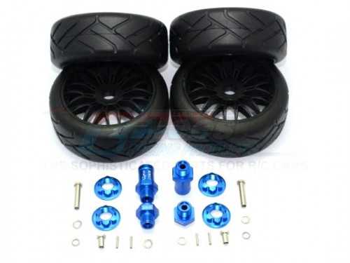 GPM Racing Axial Yeti Aluminum Front & Rear Hex Adapters+Rubber On-Road Radial Tires With Plastic Wheels-24Pc Set Blue