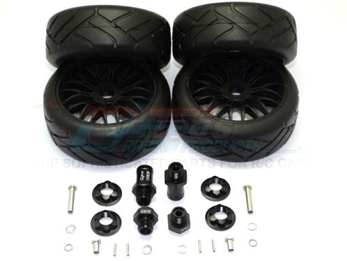 GPM Racing Axial Yeti Aluminum Front & Rear Hex Adapters+Rubber On-Road Radial Tires With Plastic Wheels-24Pc Set Black