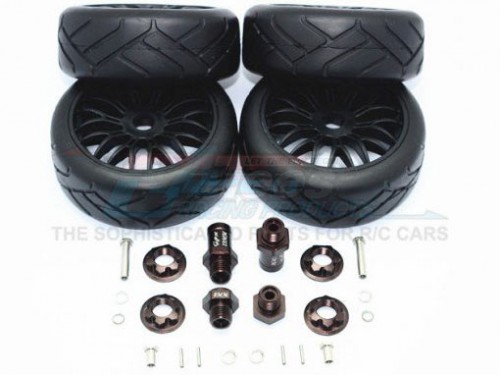 GPM Racing Axial Yeti Aluminum Front & Rear Hex Adapters+Rubber On-Road Radial Tires With Plastic Wheels-24Pc Set Gun Metal