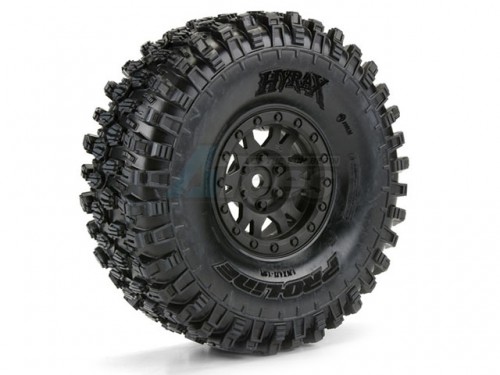 Pro-Line Racing Miscellaneous All Hyrax 1.9 Inch G8 Tires 4.73x1.76 Mounted On Impulse Black Plastic Internal Bead-Loc Wheels (2) For Rock Crawler